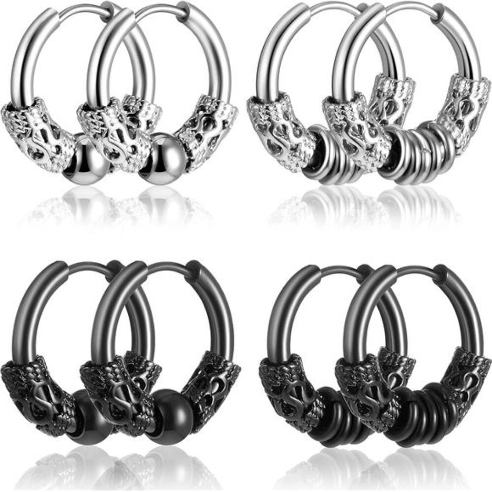 4 Pairs 14mm Men Hoop Earrings Huggie Hinged Hoop Earrings Stainless